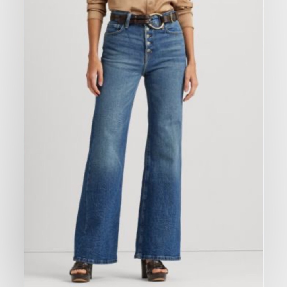 Lauren Ralph Lauren Black Label Sz 16 Jeans High Rise Exposed Button Fly Flare